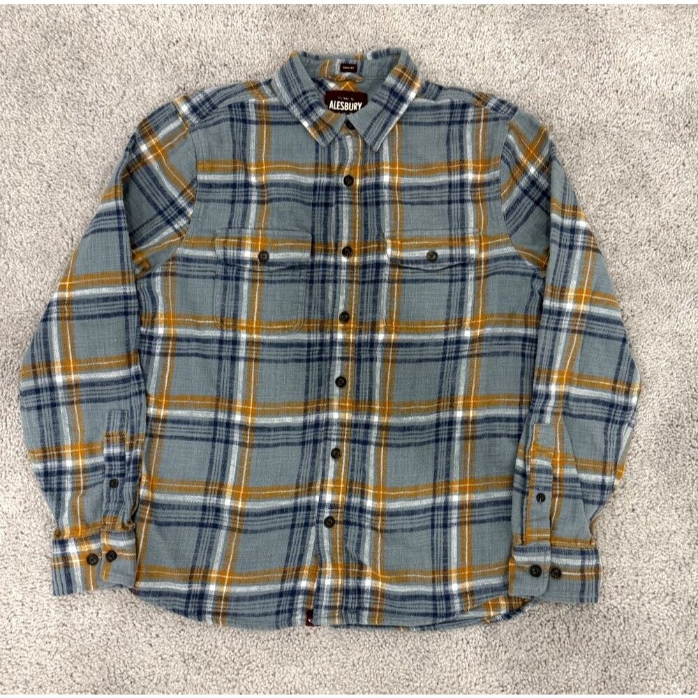 Alesbury Mens M Flannel Shirt Blue Mustard Plaid 100% Cotton Regular Fit
